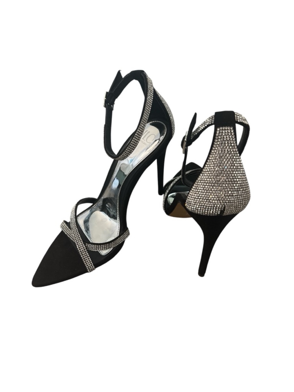 J-Lo Tabana Black Crystal-Embellished Pointed Toe Ankle-Strap Heels